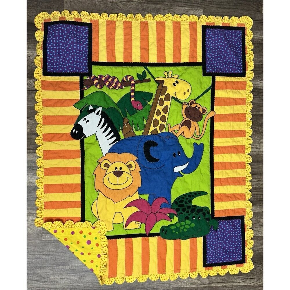 Vintage Handmade Baby Blanket Quilt 33” X 41” Vibrant Colors Jungle Theme